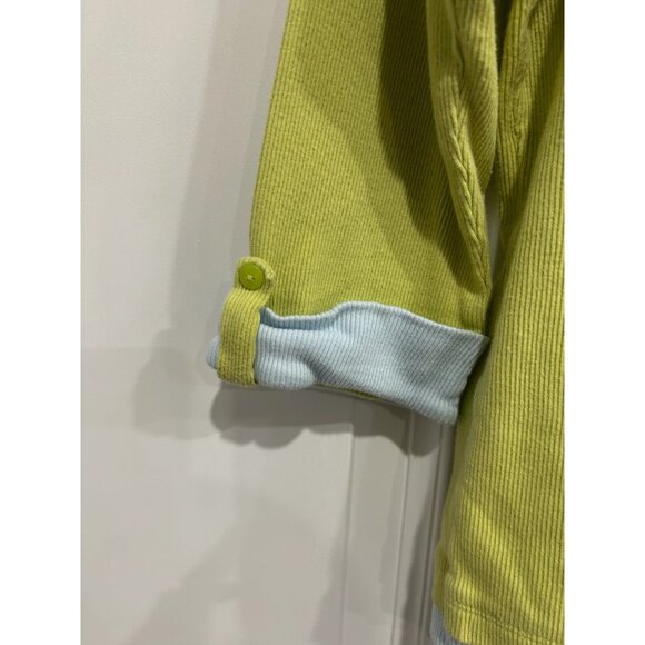 Yellow Green Light Blue V Neck Ribbed Long Sleeve Shirt Button Cuff Detail - Picture 4 of 9